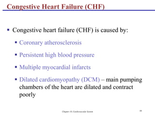 Chapter 18, Cardiovascular System 66
Congestive Heart Failure (CHF)
 Congestive heart failure (CHF) is caused by:
 Coronary atherosclerosis
 Persistent high blood pressure
 Multiple myocardial infarcts
 Dilated cardiomyopathy (DCM) – main pumping
chambers of the heart are dilated and contract
poorly
 