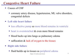 Chapter 18, Cardiovascular System 71
Congestive Heart Failure
 Causes of CHF
 coronary artery disease, hypertension, MI, valve disorders,
congenital defects
 Left side heart failure
 less effective pump so more blood remains in ventricle
 heart is overstretched & even more blood remains
 blood backs up into lungs as pulmonary edema
 suffocation & lack of oxygen to the tissues
 Right side failure
 fluid builds up in tissues as peripheral edema
 