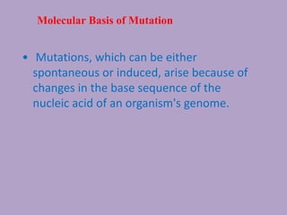 Molecular Basis of Mutation
• Mutations, which can be either
spontaneous or induced, arise because of
changes in the base sequence of the
nucleic acid of an organism's genome.
 