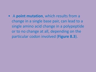 • A point mutation, which results from a
change in a single base pair, can lead to a
single amino acid change in a polypeptide
or to no change at all, depending on the
particular codon involved (Figure 8.3).
 