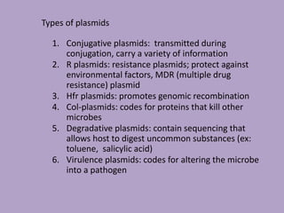Types of plasmids
1. Conjugative plasmids: transmitted during
conjugation, carry a variety of information
2. R plasmids: resistance plasmids; protect against
environmental factors, MDR (multiple drug
resistance) plasmid
3. Hfr plasmids: promotes genomic recombination
4. Col-plasmids: codes for proteins that kill other
microbes
5. Degradative plasmids: contain sequencing that
allows host to digest uncommon substances (ex:
toluene, salicylic acid)
6. Virulence plasmids: codes for altering the microbe
into a pathogen
 