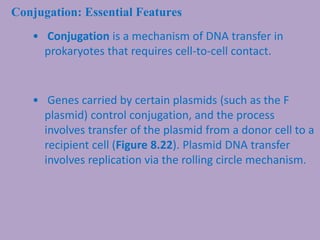 Conjugation: Essential Features
• Conjugation is a mechanism of DNA transfer in
prokaryotes that requires cell-to-cell contact.
• Genes carried by certain plasmids (such as the F
plasmid) control conjugation, and the process
involves transfer of the plasmid from a donor cell to a
recipient cell (Figure 8.22). Plasmid DNA transfer
involves replication via the rolling circle mechanism.
 