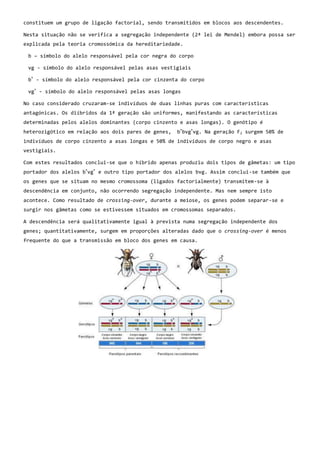 constituem um grupo de ligação factorial, sendo transmitidos em blocos aos descendentes.

Nesta situação não se verifica a segregação independente (2ª lei de Mendel) embora possa ser
explicada pela teoria cromossómica da hereditariedade.

 b – símbolo do alelo responsável pela cor negra do corpo

 vg - símbolo do alelo responsável pelas asas vestigiais
  +
 b - símbolo do alelo responsável pela cor cinzenta do corpo
      +
 vg - símbolo do alelo responsável pelas asas longas

No caso considerado cruzaram-se indivíduos de duas linhas puras com características
antagónicas. Os diíbridos da 1ª geração são uniformes, manifestando as características
determinadas pelos alelos dominantes (corpo cinzento e asas longas). O genótipo é
                                                      +    +
heterozigótico em relação aos dois pares de genes,   b bvg vg. Na geração F2 surgem 50% de
indivíduos de corpo cinzento a asas longas e 50% de indivíduos de corpo negro e asas
vestigiais.

Com estes resultados conclui-se que o híbrido apenas produziu dois tipos de gâmetas: um tipo
                     +   +
portador dos alelos b vg e outro tipo portador dos alelos bvg. Assim conclui-se também que
os genes que se situam no mesmo cromossoma (ligados factorialmente) transmitem-se à
descendência em conjunto, não ocorrendo segregação independente. Mas nem sempre isto
acontece. Como resultado de crossing-over, durante a meiose, os genes podem separar-se e
surgir nos gâmetas como se estivessem situados em cromossomas separados.

A descendência será qualitativamente igual à prevista numa segregação independente dos
genes; quantitativamente, surgem em proporções alteradas dado que o crossing-over é menos
frequente do que a transmissão em bloco dos genes em causa.
 
