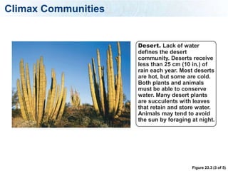 Climax Communities


                     Desert. Lack of water
                     defines the desert
                     community. Deserts receive
                     less than 25 cm (10 in.) of
                     rain each year. Most deserts
                     are hot, but some are cold.
                     Both plants and animals
                     must be able to conserve
                     water. Many desert plants
                     are succulents with leaves
                     that retain and store water.
                     Animals may tend to avoid
                     the sun by foraging at night.




                                         Figure 23.3 (3 of 5)
 