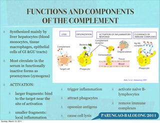 FUNCTIONS AND COMPONENTS
                            OF THE COMPLEMENT
         Synthesized mainly by
         liver hepatocytes (blood
         monocytes, tissue
         macrophages, epithelial
         cells of GI &GU tracts)

         Most circulate in the
         serum in functionally
         inactive forms as
         proenzymes (zymogens)

         ACTIVATION:
                                        trigger inflammation       activate naïve B-
               larger fragments: bind                              lymphocytes
               to the target near the   attract phagocytes
               site of activation                                  remove immune
                                        opsonize antigens          complexes
               smaller fragments:
               local inflammation       cause cell lysis     PARUNGAO-BALOLONG 2011
Sunday, March 13, 2011
 