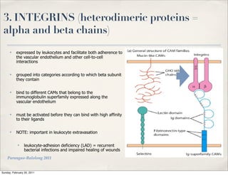 3. INTEGRINS (heterodimeric proteins =
 alpha and beta chains)
      ✤    expressed by leukocytes and facilitate both adherence to
           the vascular endothelium and other cell-to-cell
           interactions

      ✤    grouped into categories according to which beta subunit
           they contain

      ✤    bind to different CAMs that belong to the
           immunoglobulin superfamily expressed along the
           vascular endothelium

      ✤    must be activated before they can bind with high affinity
           to their ligands

      ✤    NOTE: important in leukocyte extravasation

            ✤    leukocyte-adhesion deficiency (LAD) = recurrent
                 bacterial infections and impaired healing of wounds
    Parungao-Balolong 2011


Sunday, February 20, 2011
 