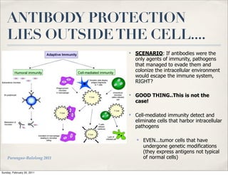 ANTIBODY PROTECTION
    LIES OUTSIDE THE CELL....
                             ✤
                                 SCENARIO: If antibodies were the
                                 only agents of immunity, pathogens
                                 that managed to evade them and
                                 colonize the intracellular environment
                                 would escape the immune system,
                                 RIGHT?

                             ✤
                                 GOOD THING..This is not the
                                 case!

                             ✤
                                 Cell-mediated immunity detect and
                                 eliminate cells that harbor intracellular
                                 pathogens

                                 ✤
                                     EVEN...tumor cells that have
                                     undergone genetic modifications
                                     (they express antigens not typical
    Parungao-Balolong 2011           of normal cells)

Sunday, February 20, 2011
 