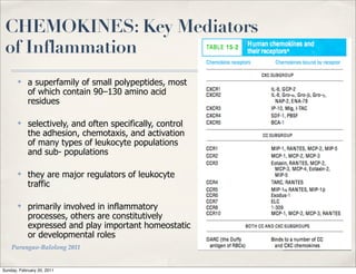 CHEMOKINES: Key Mediators
 of Inflammation
       ✤    a superfamily of small polypeptides, most
            of which contain 90–130 amino acid
            residues

       ✤    selectively, and often specifically, control
            the adhesion, chemotaxis, and activation
            of many types of leukocyte populations
            and sub- populations

       ✤    they are major regulators of leukocyte
            traffic

       ✤    primarily involved in inflammatory
            processes, others are constitutively
            expressed and play important homeostatic
            or developmental roles
    Parungao-Balolong 2011


Sunday, February 20, 2011
 