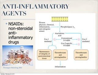 ANTI-INFLAMMATORY
 AGENTS
        ✤    NSAIDs:
             non-steroidal
             anti-
             inflammatory
             drugs




    Parungao-Balolong 2011


Sunday, February 20, 2011
 