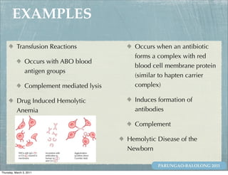 EXAMPLES

           Transfusion Reactions               Occurs when an antibiotic
                                               forms a complex with red
                 Occurs with ABO blood
                                               blood cell membrane protein
                 antigen groups
                                               (similar to hapten carrier
                 Complement mediated lysis     complex)

           Drug Induced Hemolytic              Induces formation of
           Anemia                              antibodies

                                               Complement

                                             Hemolytic Disease of the
                                             Newborn

                                                       PARUNGAO-BALOLONG 2011
Thursday, March 3, 2011
 