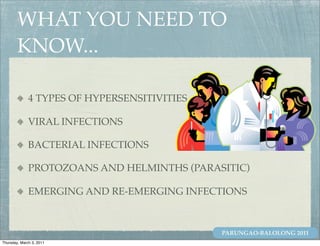 WHAT YOU NEED TO
        KNOW...

              4 TYPES OF HYPERSENSITIVITIES

              VIRAL INFECTIONS

              BACTERIAL INFECTIONS

              PROTOZOANS AND HELMINTHS (PARASITIC)

              EMERGING AND RE-EMERGING INFECTIONS



                                              PARUNGAO-BALOLONG 2011
Thursday, March 3, 2011
 