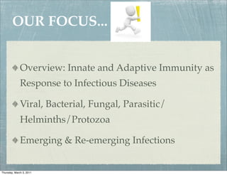OUR FOCUS...


              Overview: Innate and Adaptive Immunity as
              Response to Infectious Diseases

              Viral, Bacterial, Fungal, Parasitic/
              Helminths/Protozoa

              Emerging & Re-emerging Infections


Thursday, March 3, 2011
 