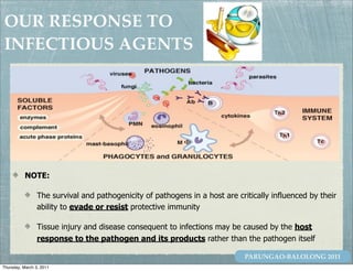 OUR RESPONSE TO
INFECTIOUS AGENTS




           NOTE:

                 The survival and pathogenicity of pathogens in a host are critically influenced by their
                 ability to evade or resist protective immunity

                 Tissue injury and disease consequent to infections may be caused by the host
                 response to the pathogen and its products rather than the pathogen itself

                                                                              PARUNGAO-BALOLONG 2011
Thursday, March 3, 2011
 