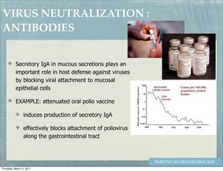 VIRUS NEUTRALIZATION :
ANTIBODIES


           Secretory IgA in mucous secretions plays an
           important role in host defense against viruses
           by blocking viral attachment to mucosal
           epithelial cells

           EXAMPLE: attenuated oral polio vaccine

                 induces production of secretory IgA

                 effectively blocks attachment of poliovirus
                 along the gastrointestinal tract



                                                               PARUNGAO-BALOLONG 2011
Thursday, March 3, 2011
 