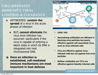 CELL-MEDIATED
  IMMUNITY: VIRAL
  CONTROL & CLEARANCE
         •      ANTIBODIES: contain the
                spread of a virus in the acute
                phases of infection

               •      BUT, cannot eliminate the          CASE: HIV
                      virus once infection has
                                                         Neutralizing antibodies are efficient in
                      occurred—particularly if the       blocking virus particles but poorly
                      virus is capable of entering a     effective against cell-associated virus,
                      latent state in which its DNA is   such as virus-infected cells
                      integrated into host
                                                         CTLs are effective against virus-
                      chromosomal DNA
                                                         infected cells but not against free virus

         •      Once an infection is                     particles

                established, cell-mediated               Neither antibodies nor CTLs are
                immune mechanisms are most               effective against latently infected cells
                important in host defense
                                                                     PARUNGAO-BALOLONG 2011
Thursday, March 3, 2011
 
