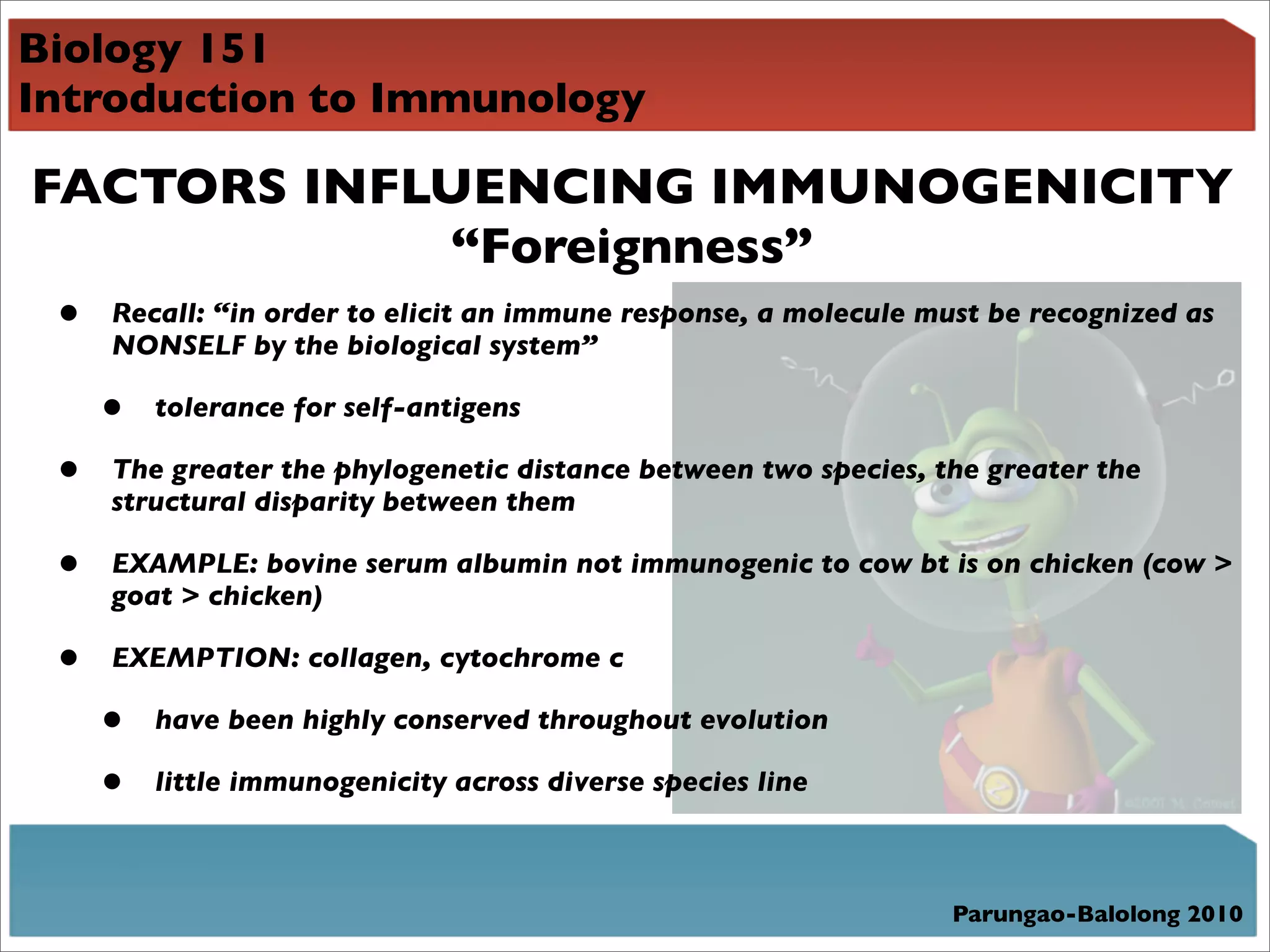Biology 151
Introduction to Immunology

FACTORS INFLUENCING IMMUNOGENICITY
                              “Foreignness”
 • Recall: “in order to elicit an immune response, a molecule must be recognized as
   NONSELF by the biological system”

     •   tolerance for self-antigens

 •   The greater the phylogenetic distance between two species, the greater the
     structural disparity between them

 •   EXAMPLE: bovine serum albumin not immunogenic to cow bt is on chicken (cow >
     goat > chicken)

 •   EXEMPTION: collagen, cytochrome c

     •   have been highly conserved throughout evolution

     •   little immunogenicity across diverse species line



                                                                 Parungao-Balolong 2010
 