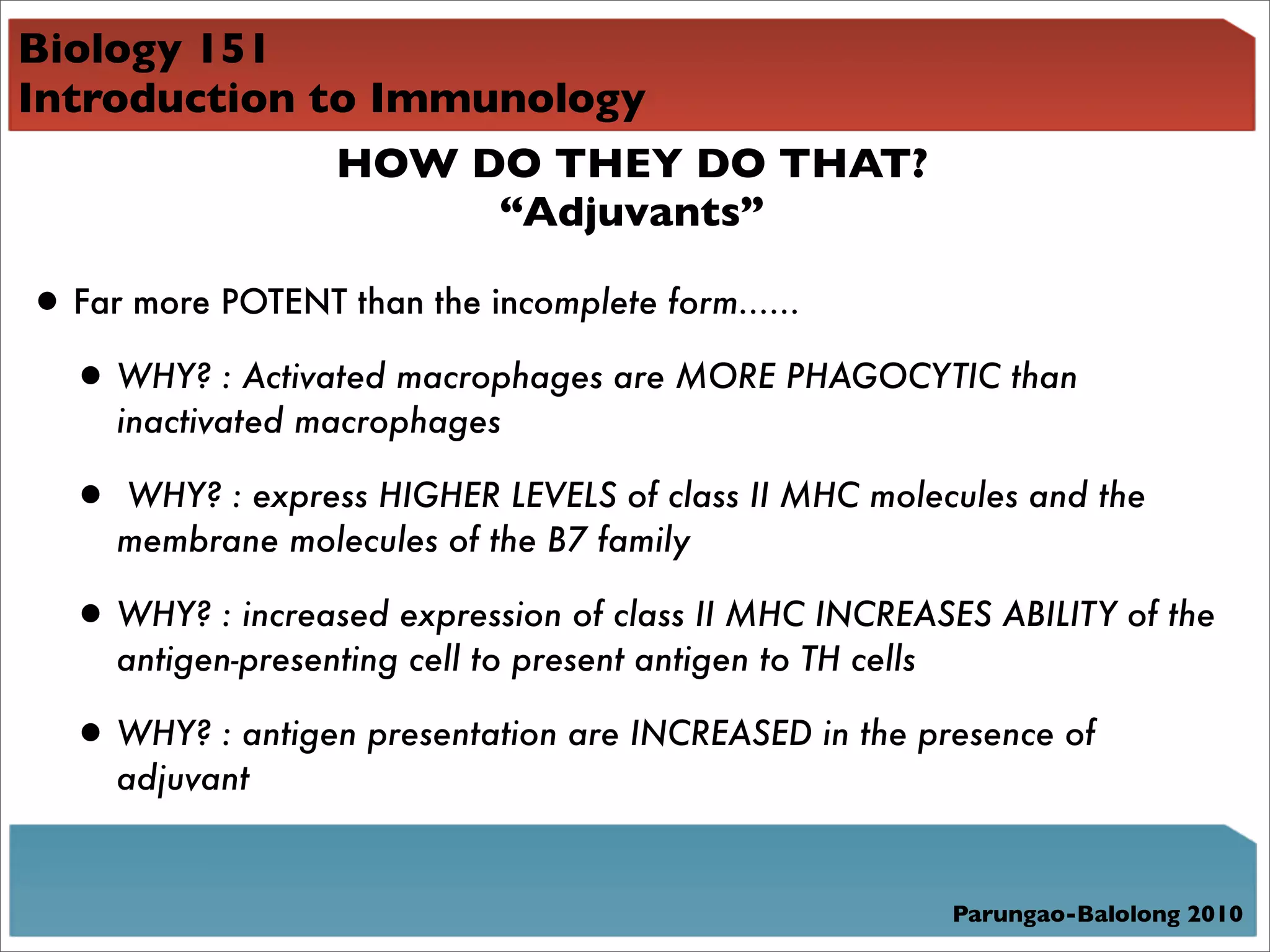 Biology 151
Introduction to Immunology
              HOW DO THEY DO THAT?
                    “Adjuvants”

• Far more POTENT than the incomplete form......
 • WHY? : Activated macrophages are MORE PHAGOCYTIC than
    inactivated macrophages

  • WHY? : express HIGHER LEVELS of class II MHC molecules and the
    membrane molecules of the B7 family

  • WHY? : increased expression of class II MHC INCREASES ABILITY of the
    antigen-presenting cell to present antigen to TH cells

  • WHY? : antigen presentation are INCREASED in the presence of
    adjuvant


                                                             Parungao-Balolong 2010
 