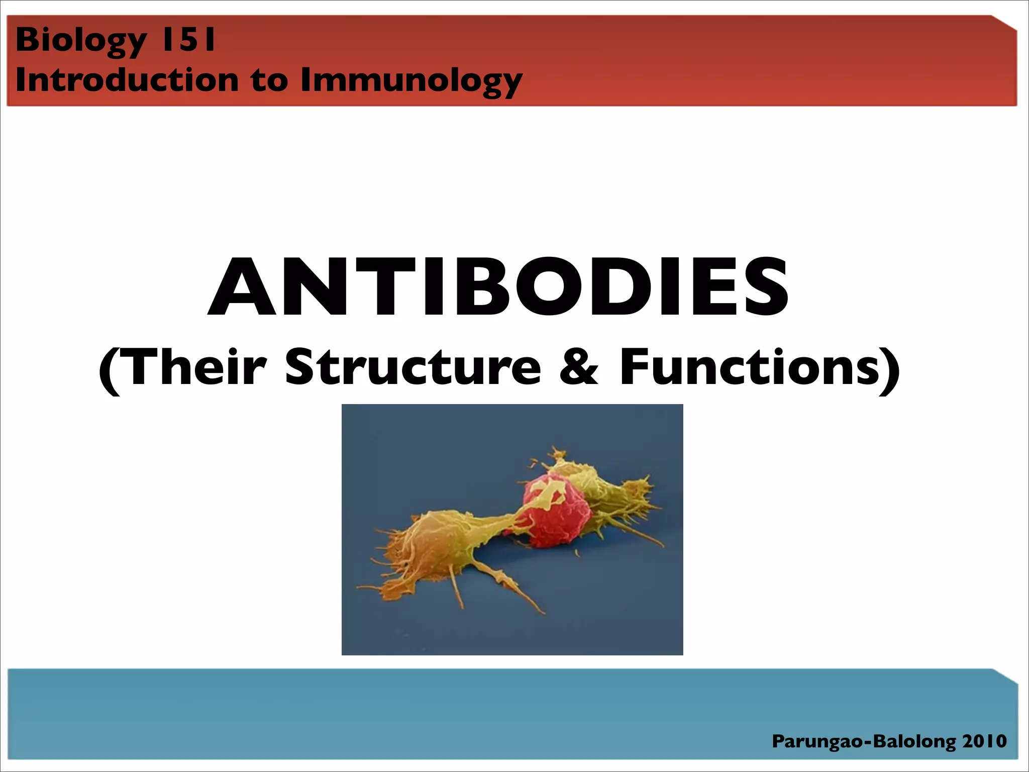 Biology 151
Introduction to Immunology




         ANTIBODIES
    (Their Structure & Functions)




                             Parungao-Balolong 2010
 