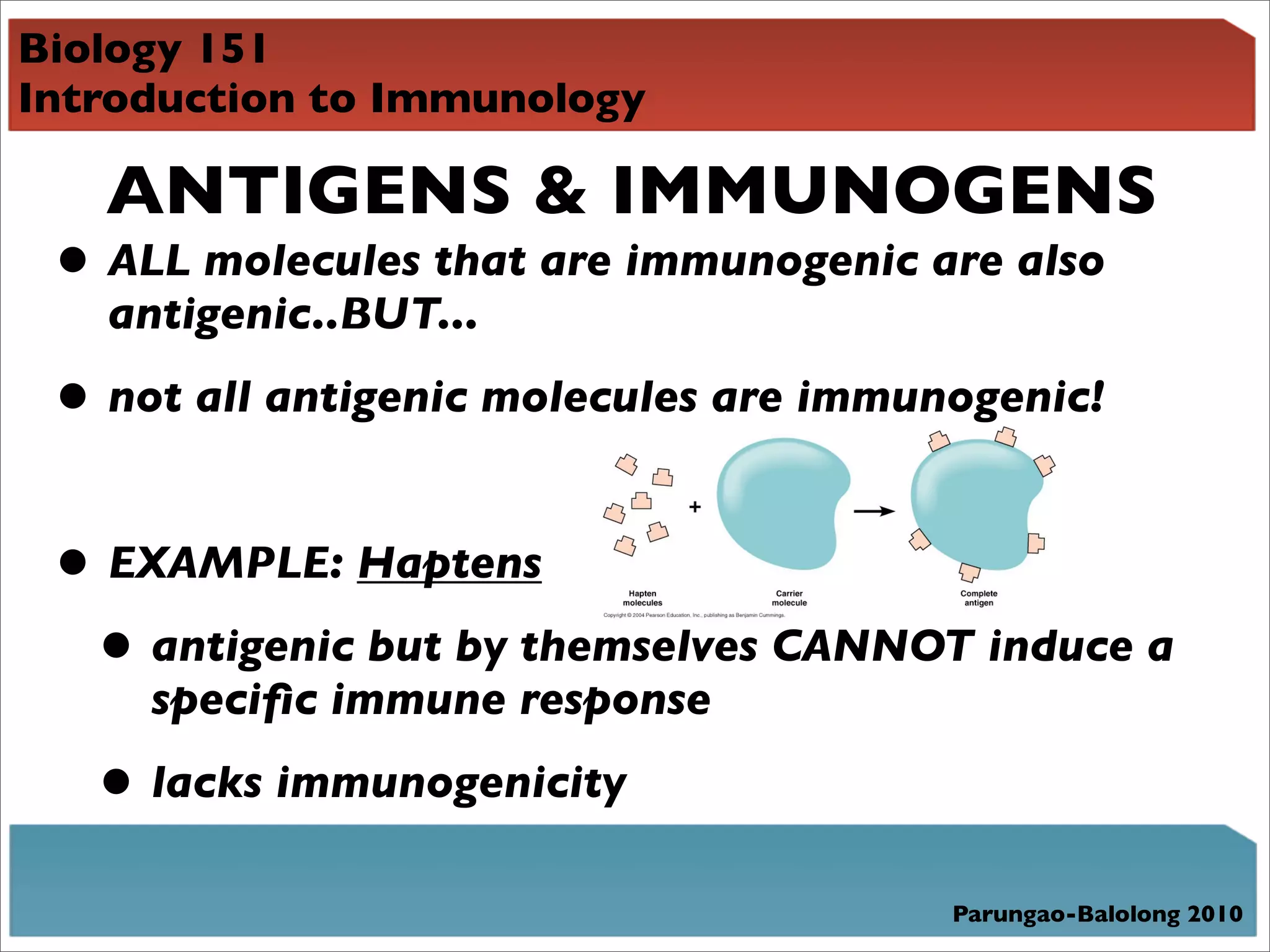 Biology 151
Introduction to Immunology

   ANTIGENS & IMMUNOGENS
 • ALL molecules that are immunogenic are also
   antigenic..BUT...

 • not all antigenic molecules are immunogenic!

 • EXAMPLE: Haptens
  • antigenic but by themselves CANNOT induce a
     speciﬁc immune response

   • lacks immunogenicity
                                        Parungao-Balolong 2010
 