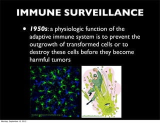 IMMUNE SURVEILLANCE
                      • 1950s: a physiologic function of the
                             adaptive immune system is to prevent the
                             outgrowth of transformed cells or to
                             destroy these cells before they become
                             harmful tumors




                             london-research-institute.org.uk
                                                                aihealthsolutions.ca

Monday, September 10, 2012
 