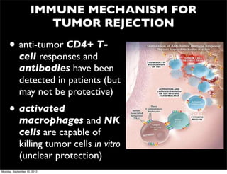 IMMUNE MECHANISM FOR
                       TUMOR REJECTION

     • anti-tumor CD4+ T-
            cell responses and
            antibodies have been
            detected in patients (but
            may not be protective)
     • activated
            macrophages and NK
            cells are capable of
            killing tumor cells in vitro
            (unclear protection)
Monday, September 10, 2012
 