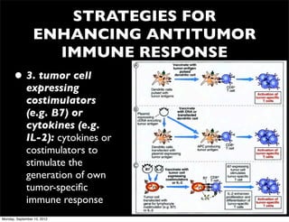 STRATEGIES FOR
                 ENHANCING ANTITUMOR
                   IMMUNE RESPONSE
      • 3. tumor cell
             expressing
             costimulators
             (e.g. B7) or
             cytokines (e.g.
             IL-2): cytokines or
             costimulators to
             stimulate the
             generation of own
             tumor-speciﬁc
             immune response
Monday, September 10, 2012
 