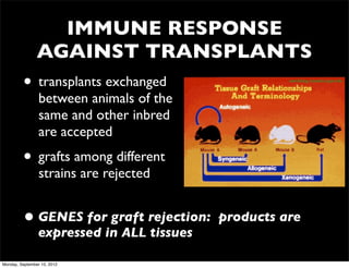 IMMUNE RESPONSE
                AGAINST TRANSPLANTS
         •       transplants exchanged               wenliang.myweb.uga.edu



                 between animals of the
                 same and other inbred
                 are accepted
         • grafts among different
                 strains are rejected


         • GENES for graft rejection:      products are
                expressed in ALL tissues

Monday, September 10, 2012
 