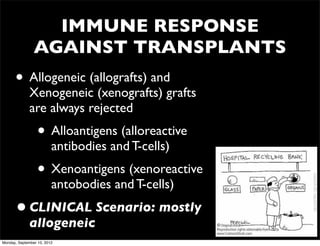 IMMUNE RESPONSE
                AGAINST TRANSPLANTS
      • Allogeneic (allografts) and
              Xenogeneic (xenografts) grafts
              are always rejected
                  • Alloantigens (alloreactive
                         antibodies and T-cells)
                  • Xenoantigens (xenoreactive
                         antobodies and T-cells)
      • CLINICAL Scenario: mostly
              allogeneic
Monday, September 10, 2012
 