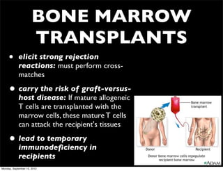 BONE MARROW
                      TRANSPLANTS
     •      elicit strong rejection
            reactions: must perform cross-
            matches

     • carry the risk of graft-versus-
            host disease: If mature allogeneic
            T cells are transplanted with the
            marrow cells, these mature T cells
            can attack the recipient's tissues

     • lead to temporary
            immunodeﬁciency in
            recipients
Monday, September 10, 2012
 