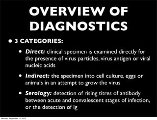 OVERVIEW OF
                             DIAGNOSTICS
      • 3 CATEGORIES:
         • Direct: clinical specimen is examined directly for
                         the presence of virus particles, virus antigen or viral
                         nucleic acids

                  •      Indirect: the specimen into cell culture, eggs or
                         animals in an attempt to grow the virus

                  •      Serology: detection of rising titres of antibody
                         between acute and convalescent stages of infection,
                         or the detection of Ig
Monday, September 10, 2012
 