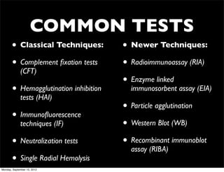 COMMON TESTS
       • Classical Techniques:         • Newer Techniques:
       • Complement ﬁxation tests      • Radioimmunoassay (RIA)
             (CFT)
                                       • Enzyme linked
       • Hemagglutination inhibition     immunosorbent assay (EIA)
             tests (HAI)
                                       • Particle agglutination
       • Immunoﬂuorescence
             techniques (IF)           • Western Blot (WB)
       • Neutralization tests          • Recombinant immunoblot
                                         assay (RIBA)
       • Single Radial Hemolysis
Monday, September 10, 2012
 