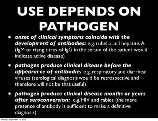 USE DEPENDS ON
                  PATHOGEN
       •      onset of clinical symptoms coincide with the
              development of antibodies: e.g. rubella and hepatitis A
              (IgM or rising titres of IgG in the serum of the patient would
              indicate active disease)

       •      pathogen produce clinical disease before the
              appearance of antibodies: e.g. respiratory and diarrheal
              viruses (serological diagnosis would be retrospective and
              therefore will not be that useful)

       •      pathogen produce clinical disease months or years
              after seroconversion: e.g. HIV and rabies (the mere
              presence of antibody is sufﬁcient to make a deﬁnitive
              diagnosis)
Monday, September 10, 2012
 
