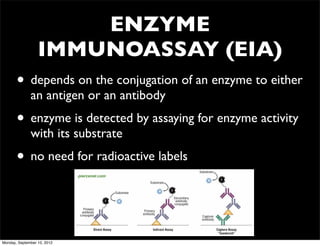 ENZYME
                  IMMUNOASSAY (EIA)
       • depends on the conjugation of an enzyme to either
              an antigen or an antibody
       • enzyme is detected by assaying for enzyme activity
              with its substrate
       • no need for radioactive labels
                             piercenet.com




Monday, September 10, 2012
 