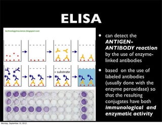 ELISA
    technologyinscience.blogspot.com


                                           •   can detect the
                                               ANTIGEN-
                                               ANTIBODY reaction
                                               by the use of enzyme-
                                               linked antibodies

                                           •   based  on the use of
                                               labeled antibodies
                                               (usually done with the
                                               enzyme peroxidase) so
                                               that the resulting
                                               conjugates have both
                                               immunological  and
                                               enzymatic activity
Monday, September 10, 2012
 