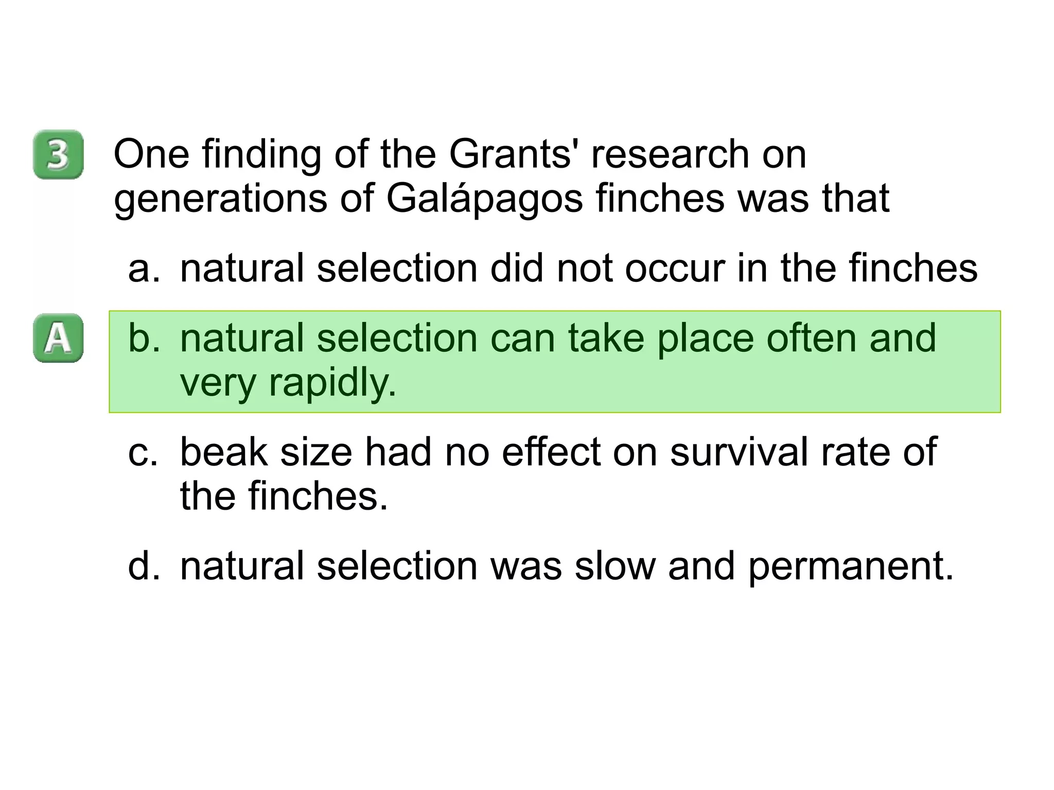 16- 3 One finding of the Grants' research on generations of Galápagos finches was that  natural selection did not occur in the finches natural selection can take place often and very rapidly. beak size had no effect on survival rate of the finches. natural selection was slow and permanent. 