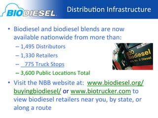 Distribu<on	
  Infrastructure	
  

•  Biodiesel	
  and	
  biodiesel	
  blends	
  are	
  now	
  
   available	
  na<onwide	
  from	
  more	
  than:	
  
    –  1,495	
  Distributors	
  
    –  1,330	
  Retailers	
  
    –  	
  	
  	
  775	
  Truck	
  Stops	
  
    –  3,600	
  Public	
  Loca<ons	
  Total	
  
•  Visit	
  the	
  NBB	
  website	
  at:	
  	
  www.biodiesel.org/
   buyingbiodiesel/	
  or	
  www.biotrucker.com	
  to	
  
   view	
  biodiesel	
  retailers	
  near	
  you,	
  by	
  state,	
  or	
  
   along	
  a	
  route	
  
 