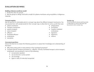 EVALUATION (60 MINS)
Building of plasma membrane model
1. Divide the class into groups.
2. Ask the groups to design and build a model of a plasma membrane using recyclable or indigenous
materials.
Concept mapping
Ask the learners to individually submit a concept map about the different transport mechanisms. You
can provide them with sample words for their concept map or allow them to come up with their own: 
• plasma membrane
• transport mechanisms
• passive transport
• active transport
• diffusion
• facilitated diffusion
• endocytosis
• exocytosis
• phagocytosis
• pinocytosis
• receptor-mediated
endocytosis
• hypotonic
• hypertonic
• isotonic  
Assessment questions:
Instruct the learners to answer the following questions to assess their knowledge and understanding of
the lesson:
• Why does putting salt on meat preserve it from spoilage by bacteria?
• Compare specific transport processes (i.e., diffusion, osmosis, facilitated transport, active transport,
endocytosis, and exocytosis) in terms of the following:
• concentration gradient
• use of channel or carrier protein
• use of energy
• types or sizes of molecules transported
56
 
Teacher tip
You can provide the learners with key words
or allow them to come up with their own
key words for their concept map.
 