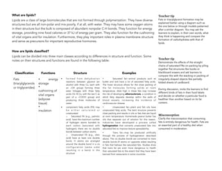 What are lipids?
Lipids are a class of large biomolecules that are not formed through polymerization. They have diverse
structures but are all non-polar and mix poorly, if at all, with water. They may have some oxygen atoms
in their structure but the bulk is composed of abundant nonpolar C-H bonds. They function for energy
storage, providing nine food calories or 37 kJ of energy per gram. They also function for the cushioning
of vital organs and for insulation. Furthermore, they play important roles in plasma membrane structure
and serve as precursors for important reproductive hormones.
How are lipids classiﬁed?
Lipids can be divided into three main classes according to differences in structure and function. Some
notes on their structures and functions are found in the following table:
Classiﬁcation Functions Structure Examples
Fats
(triacylglycerols
or triglycerides)
• energy
storage
•
cushioning of
vital organs
(adipose
tissue)
•
insulation
• for med from dehydration
reactions between glycerol (an
alcohol with three Cs, each with
an –OH group) forming three
ester linkages with three fatty
acids (16-18 Cs, with the last C as
part of a –COOH group) and
producing three molecules of
water
• component fatty acids (FA) may
b e e i t h e r s a t u r a t e d o r
unsaturated  
o Saturated FA (e.g., palmitic
acid) have the maximum number
of hydrogen atoms bonded to
each carbon (saturated with
hydrogen); there are no double
bonds between carbon atoms 
o Unsaturated FA (e.g., oleic
acid) have at least one double
bond, H atoms are arranged
around the double bond in a cis
configuration (same side)
resulting in a bend in the
structure
• Saturated fat—animal products such as
butter and lard have a lot of saturated fatty acids.
The linear structure allows for the close packing of
the fat molecules forming solids at room
temperature, diets high in these fats may increase
the risk of developing atherosclerosis, a condition in
which fatty deposits develop within the walls of
blood vessels, increasing the incidence of
cardiovascular disease
• Unsaturated fat—plant and fish oils have
unsaturated fatty acids. The bent structure prevents
close packing and results in oils or fats that are liquid
at room temperature. Homemade peanut butter has
oils that separate out of solution for this reason.
Industries have developed a process called
hydrogenation that converts unsaturated fats into
saturated fats to improve texture spreadability.
• Trans fat—may be produced artificially
through the process of hydrogenation described
above. The cis double bonds are converted to trans
double bonds (H atoms on opposite sides) resulting
in fats that behave like saturated fats. Studies show
that trans fat are even more dangerous to health
than saturated fats to the extent that they have been
banned from restaurants in some countries.
Teacher tip
Fats or triacylglycerol formation may be
explained better using a diagram such as
the one below or through models patterned
after a similar diagram. You may ask the
learners to explain, in their own words, what
they think is happening and compare the
formation of carbohydrates with that of
lipids.
Teacher tip
Demonstrate the effects of the straight
chains of saturated FAs on packing by piling
together flat structures like books or
blackboard erasers and ask learners to
compare this with the stacking or packing of
irregularly shaped objects like partially-
folded sheets of cardboard.
During discussion, invite the learners to find
different kinds of fats in their food labels
and decide on whether a particular food is
healthier than another based on its fat
content.
Misconception
Clarify the misconception that consuming
fats is entirely dangerous for health. Fats are
an essential part of a healthy diet when
consumed in moderation.
 