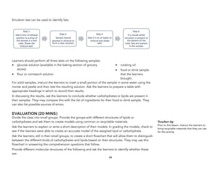 Emulsion test can be used to identify fats.
Learners should perform all three tests on the following samples:  
• glucose solution (available in the baking section of grocery
stores)
• flour or cornstarch solution
• cooking oil
• food or drink sample
that the learners
brought.  
For solid samples, instruct the learners to mash a small portion of the sample in some water using the
mortar and pestle and then test the resulting solution. Ask the learners to prepare a table with
appropriate headings in which to record their results.
In discussing the results, ask the learners to conclude whether carbohydrates or lipids are present in
their samples. They may compare this with the list of ingredients for their food or drink sample. They
can also list possible sources of errors.
EVALUATION (20 MINS)
Divide the class into small groups. Provide the groups with different structures of lipids or
carbohydrates and ask them to create models using common or recyclable materials.
Ask the learners to explain or write a short description of their models. In grading the models, check to
see if the learners were able to create an accurate model of the assigned lipid or carbohydrate.
Ask the learners, still in their small groups, to create a short flowchart that will allow them to distinguish
between the different kinds of carbohydrates and lipids based on their structures. They may use this
flowchart in answering the comprehension questions that follow.
Provide different molecular structures of the following and ask the learners to identify whether these
are:  
68
Teacher tip
Prior to this lesson, instruct the learners to
bring recyclable materials that they can use
for this activity.
 