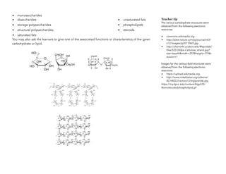 • monosaccharides 
• disaccharides
• storage polysaccharides
• structural polysaccharides
• saturated fats
• unsaturated fats
• phospholipids
• steroids.  
You may also ask the learners to give one of the associated functions or characteristics of the given
carbohydrate or lipid.
Teacher tip
The various carbohydrate structures were
obtained from the following electronic
resources:
• commons.wikimedia.org
• http://www.nature.com/pj/journal/v43/
n12/images/pj201196f3.jpg
• http://chemwiki.ucdavis.edu/@api/deki/
files/522/260px-Cellulose_strand.jpg?
size=bestfit&width=352&height=310&r
evision=1
Images for the various lipid structures were
obtained from the following electronic
resources:
• https://upload.wikimedia.org,
• http://www.mikeblaber.org/oldwine/
BCH4053/Lecture13/triglyceride.jpg,
https://my.bpcc.edu/content/blgy225/
Biomolecules/phospholipid.gif
 