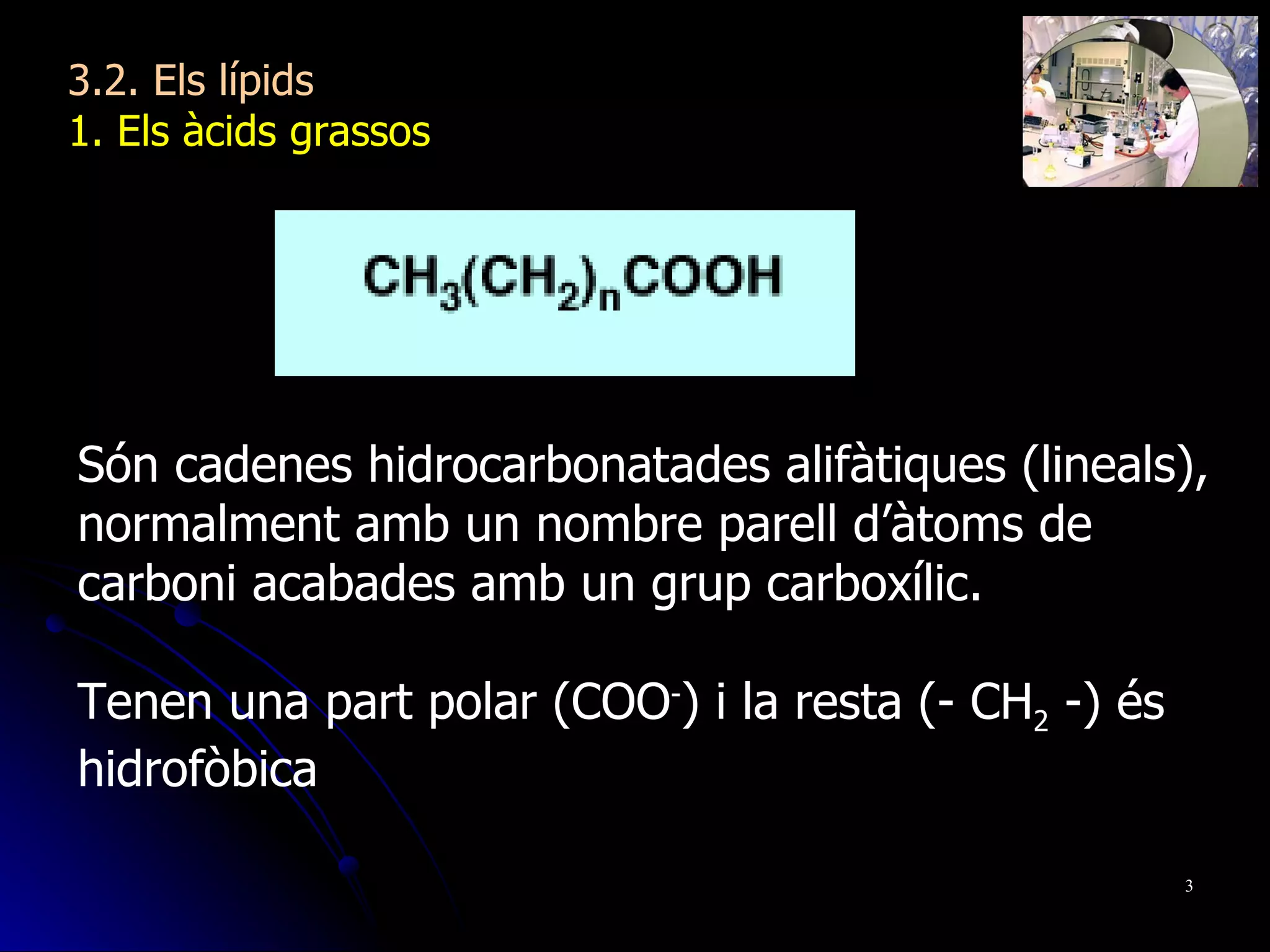3.2. Els lípids 1. Els àcids grassos Són cadenes hidrocarbonatades alifàtiques (lineals), normalment amb un nombre parell d’àtoms de carboni acabades amb un grup carboxílic. Tenen una part polar (COO - ) i la resta (- CH 2  -) és hidrofòbica 