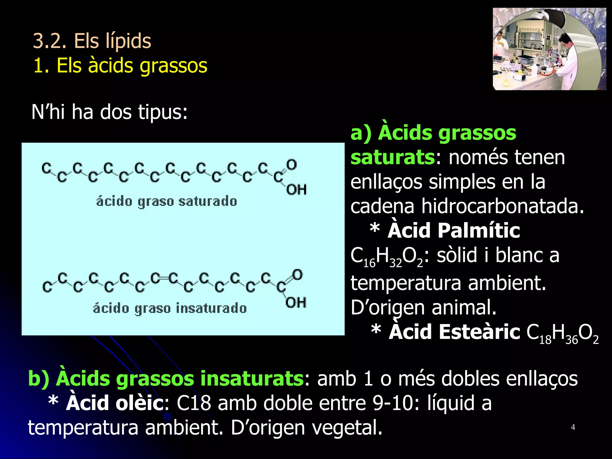3.2. Els lípids 1. Els àcids grassos b) Àcids grassos insaturats : amb 1 o més dobles enllaços * Àcid olèic : C18 amb doble entre 9-10: líquid a temperatura ambient. D’origen vegetal. a) Àcids grassos saturats : només tenen enllaços simples en la cadena hidrocarbonatada. * Àcid Palmític  C 16 H 32 O 2 : sòlid i blanc a temperatura ambient. D’origen animal. * Àcid Esteàric  C 18 H 36 O 2 N’hi ha dos tipus: 