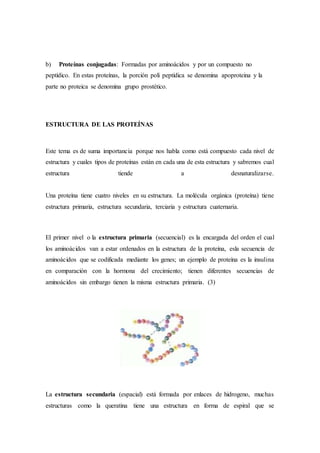 b) Proteínas conjugadas: Formadas por aminoácidos y por un compuesto no
peptídico. En estas proteínas, la porción poli peptídica se denomina apoproteina y la
parte no proteica se denomina grupo prostético.
ESTRUCTURA DE LAS PROTEÍNAS
Este tema es de suma importancia porque nos habla como está compuesto cada nivel de
estructura y cuales tipos de proteínas están en cada una de esta estructura y sabremos cual
estructura tiende a desnaturalizarse.
Una proteína tiene cuatro niveles en su estructura. La molécula orgánica (proteína) tiene
estructura primaria, estructura secundaria, terciaria y estructura cuaternaria.
El primer nivel o la estructura primaria (secuencial) es la encargada del orden el cual
los aminoácidos van a estar ordenados en la estructura de la proteína, esla secuencia de
aminoácidos que se codificada mediante los genes; un ejemplo de proteína es la insulina
en comparación con la hormona del crecimiento; tienen diferentes secuencias de
aminoácidos sin embargo tienen la misma estructura primaria. (3)
La estructura secundaria (espacial) está formada por enlaces de hidrogeno, muchas
estructuras como la queratina tiene una estructura en forma de espiral que se
 