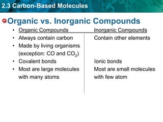 2.3 Carbon-Based Molecules
Organic vs. Inorganic Compounds
• Organic Compounds Inorganic Compounds
• Always contain carbon Contain other elements
• Made by living organisms
(exception: CO and CO2)
• Covalent bonds Ionic bonds
• Most are large molecules Most are small molecules
with many atoms with few atom
 