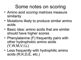Some notes on scoring
• Amino acid scoring matrices measure
similarity
• Mutations likely to produce similar amino
acids
• Basic idea: amino acids that are similar
should have higher scores
• Phenylalanine (F) frequently pairs with
other hydrophobic amino acids
(Y,W,M,V,I,L)
• Less frequently with hydrophilic amino
acids (R,K,D,E, etc.)
 