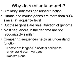 Why do similarity search?
• Similarity indicates conserved function
• Human and mouse genes are more than 80%
similar at sequence level
• But these genes are small fraction of genome
• Most sequences in the genome are not
recognizably similar
• Comparing sequences helps us understand
function
– Locate similar gene in another species to
understand your new gene
– Rosetta stone
 