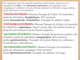 Els organismes a més de materials necessiten també energia. Aquesta pot ser 
obtinguda de la llum o de substàncies químiques, tant orgàniques com 
inorgàniques. Combinant la forma d'obtenir materials i la d'obtenir energia, tindrem 
quatre tipus bàsics de metabolisme: 
•FOTOLITOTROFS: Obtenen l'energia de la llum i els materials a 
partir de substàncies inorgàniques. Se'ls anomena 
també fotoautòtrofs i fotosintètics. Exemple: les plantes verdes. 
•FOTOORGANÒTROFS: Obtenen l'energia de la llum i els materials 
de substàncies orgàniques. Aquest estrany tipus de nutrició només és 
propi de certs bacteris com els bacteris púrpures. 
•QUIMIOLITÒTROFS: Obtenen l'energia de processos químics i els 
materials a partir de substàncies inorgàniques. Se'ls anomena 
també quimiosintètics . Exemple: els bacteris fèrrics, les sulfuroses i 
les nitrificants i nitrosificants. 
•QUIMIOORGANÒTROFS: Obtenen l'energia i els materials a 
partir de substàncies orgàniques. Se'ls anomena 
també Quimioheteròtrofs. Exemple: els animals i els fongs. 
 