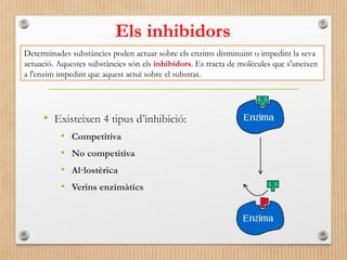 Els inhibidors 
Determinades substàncies poden actuar sobre els enzims disminuint o impedint la seva 
actuació. Aquestes substàncies són els inhibidors. Es tracta de molècules que s'uneixen 
a l'enzim impedint que aquest actuï sobre el substrat. 
• Existeixen 4 tipus d’inhibició: 
• Competitiva 
• No competitiva 
• Al·lostèrica 
• Verins enzimàtics 
 