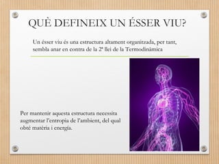 QUÈ DEFINEIX UN ÉSSER VIU? 
Un ésser viu és una estructura altament organitzada, per tant, 
sembla anar en contra de la 2ª llei de la Termodinàmica 
Per mantenir aquesta estructura necessita 
augmentar l’entropia de l’ambient, del qual 
obté matèria i energía. 
 