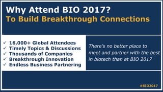 Why Attend BIO 2017?
To Build Breakthrough Connections
 16,000+ Global Attendees
 Timely Topics & Discussions
 Thousands of Companies
 Breakthrough Innovation
 Endless Business Partnering
There’s no better place to
meet and partner with the best
in biotech than at BIO 2017
#BIO2017
 